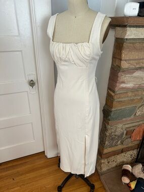 NICHOLAS Cream Square-Neck Midi Dress with Gathered Bust